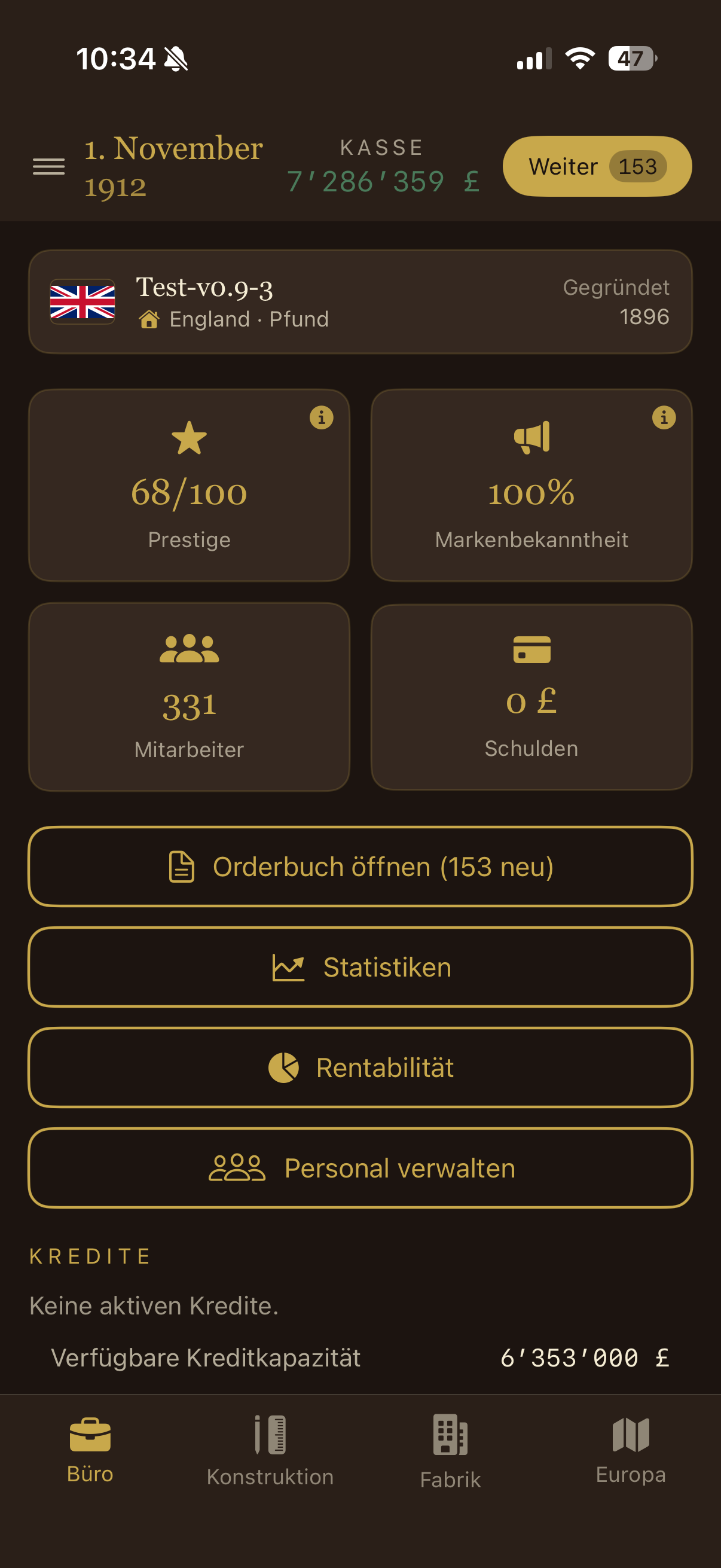 Büroansicht mit Prestige, Markenbekanntheit, Mitarbeitenden, Schulden und Auswertungen