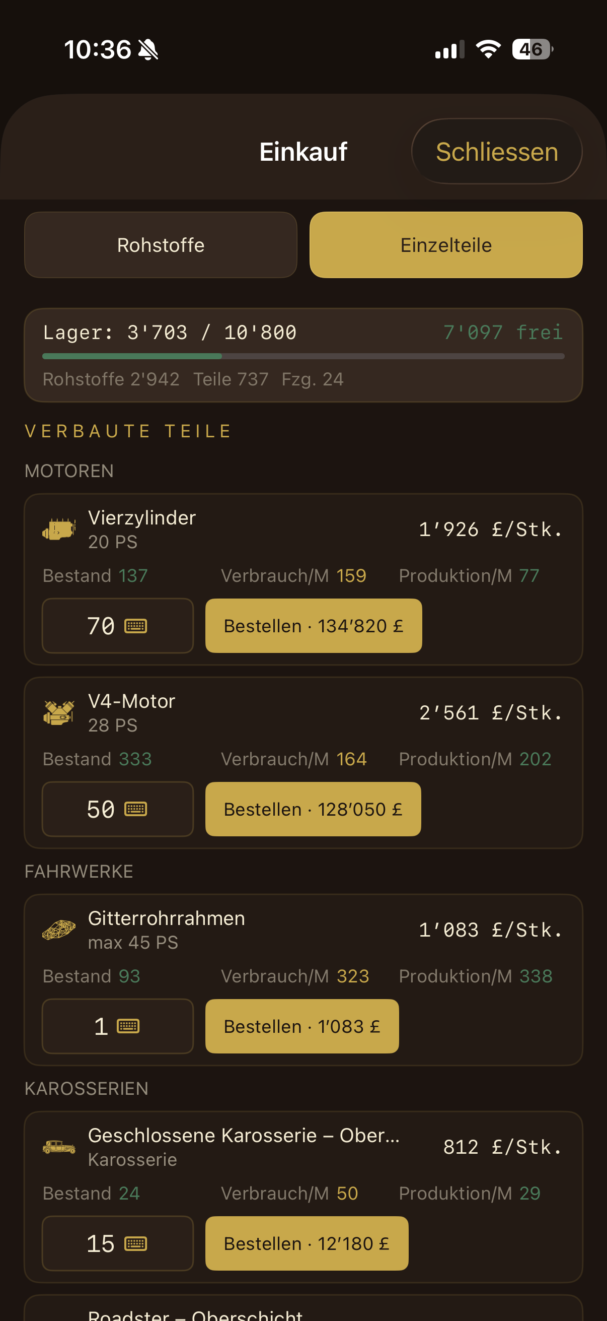 Einkaufsansicht für Einzelteile mit Bestand, Verbrauch, Produktion und Preisen